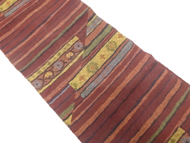 JAPANESE KIMONO / NAGOYA OBI / SILK / HAND WOVEN / MAWATA TSUMUGI / STRIPE & FLORAL ARABESQUE